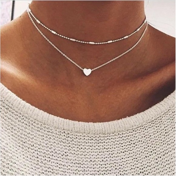 Fashion Jewelry Jewelry - 3/$25 Tiny Heart Choker Necklace Beaded Silver Layer Chain Dainty 14 Inch Simple